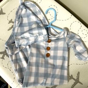 Caden Lane Blue Checkered knot gown and hat